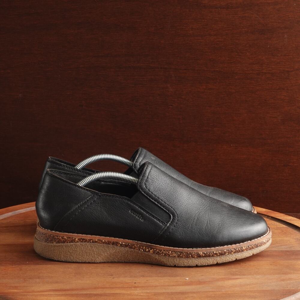 Earth Black Leather Slip-On Flats with Cork-Trim Sole